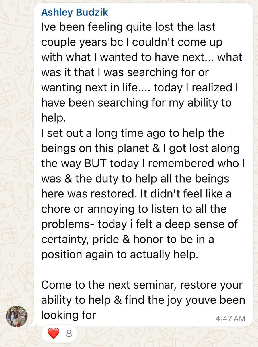 A WhatsApp message from Ashley after the seminar: she found her ability to help again