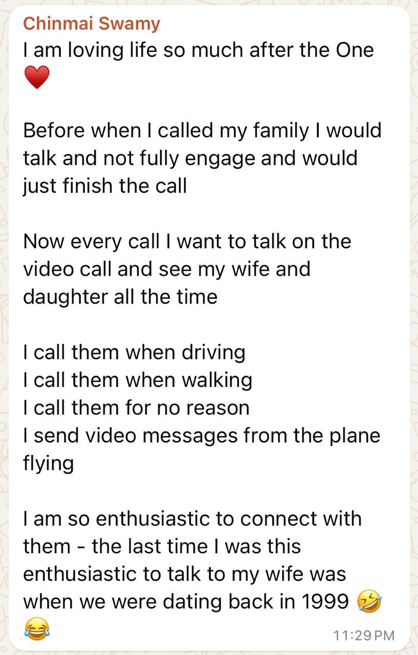 A WhatsApp message from Chinmai after the seminar: loving life, calling his family every day