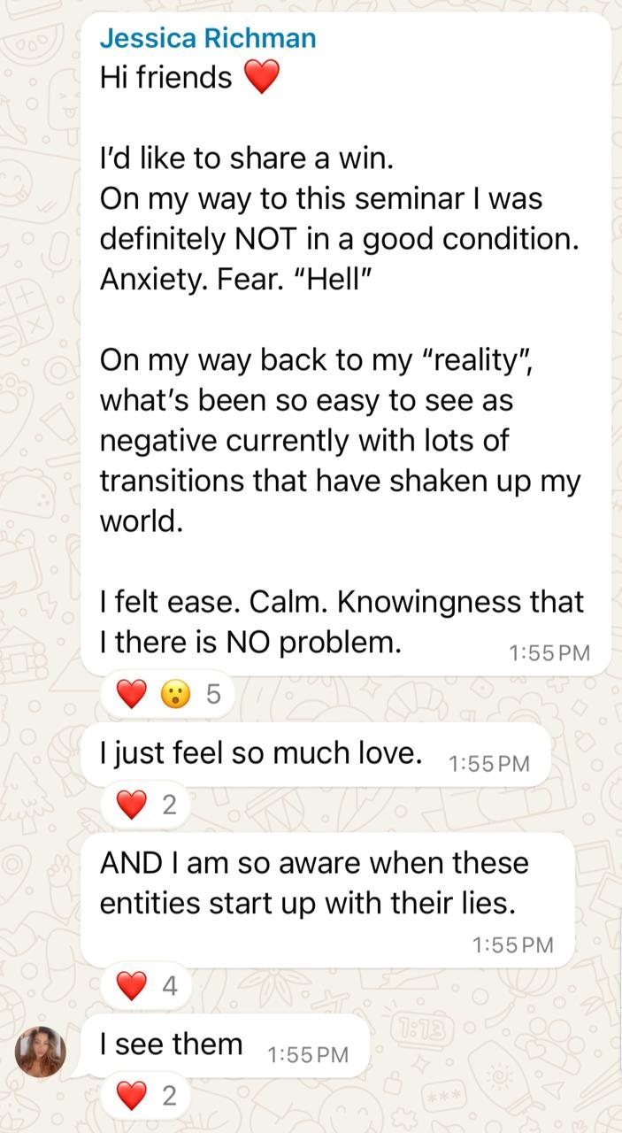 A WhatsApp message from Jessica after the seminar: ease, calm, and no problem