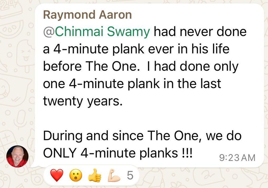 A WhatsApp message from Raymond after the seminar: four-minute planks since The One
